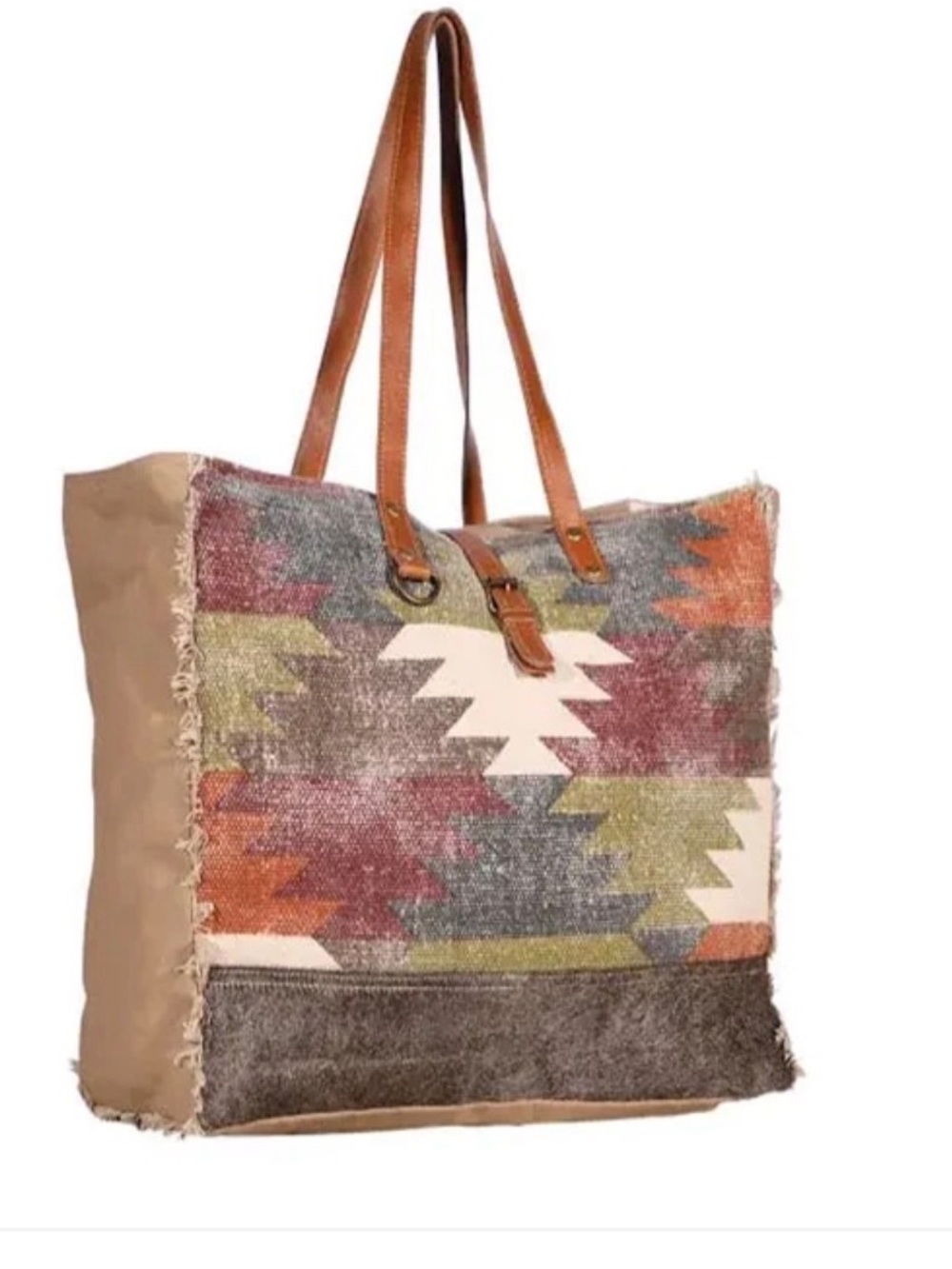 Myra Bag Multicolor Aztec Canvas Tote with Tan Leather Straps